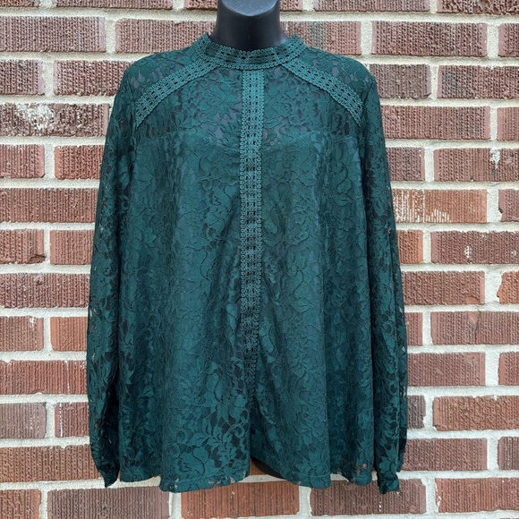 Cable & Gauge Tops - Cable & Gauge Women's Green Lace lined sheer holiday Top Blouse Size XL
